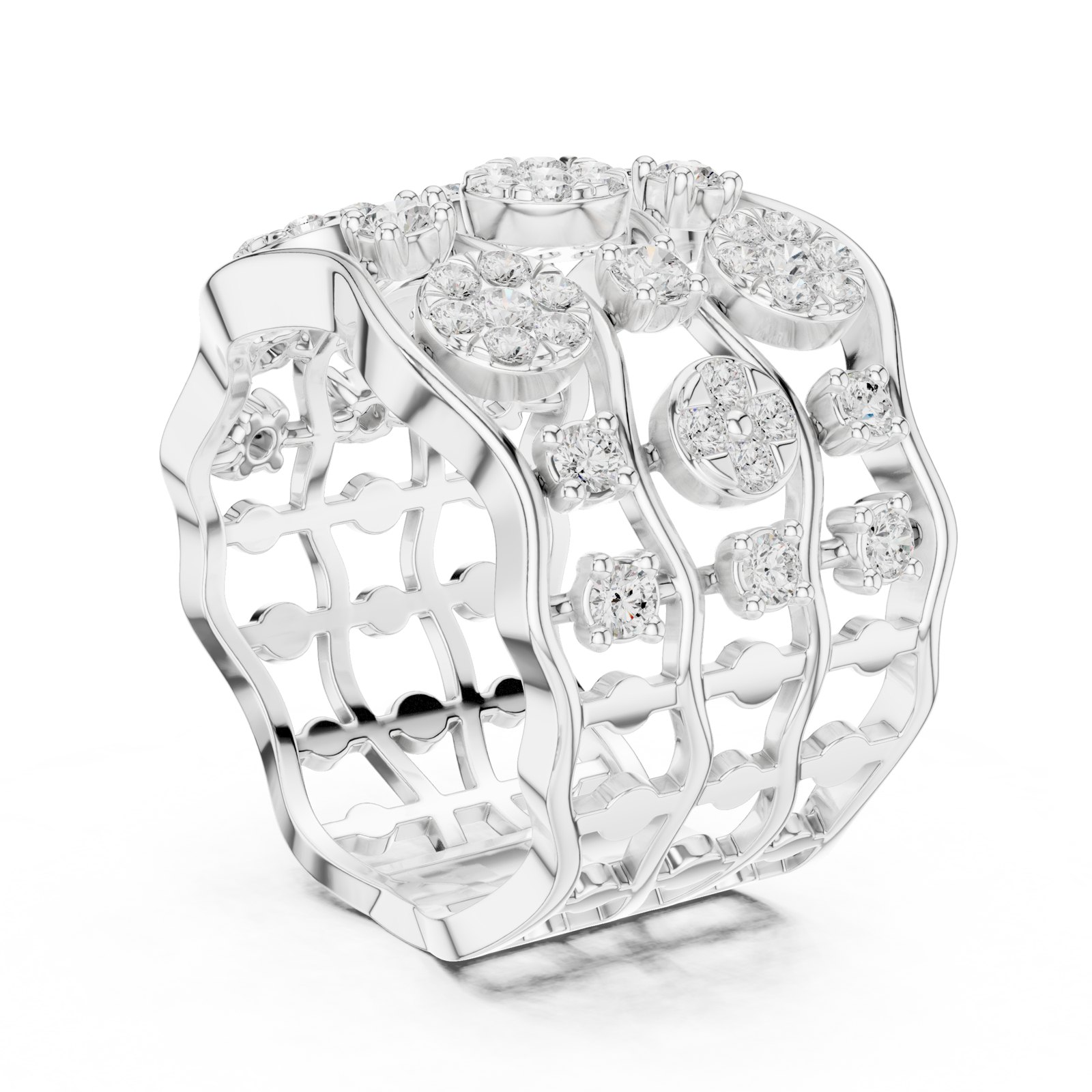 Cyrena Openwork Lattice Cocktail Ring with Floral Clusters in white gold