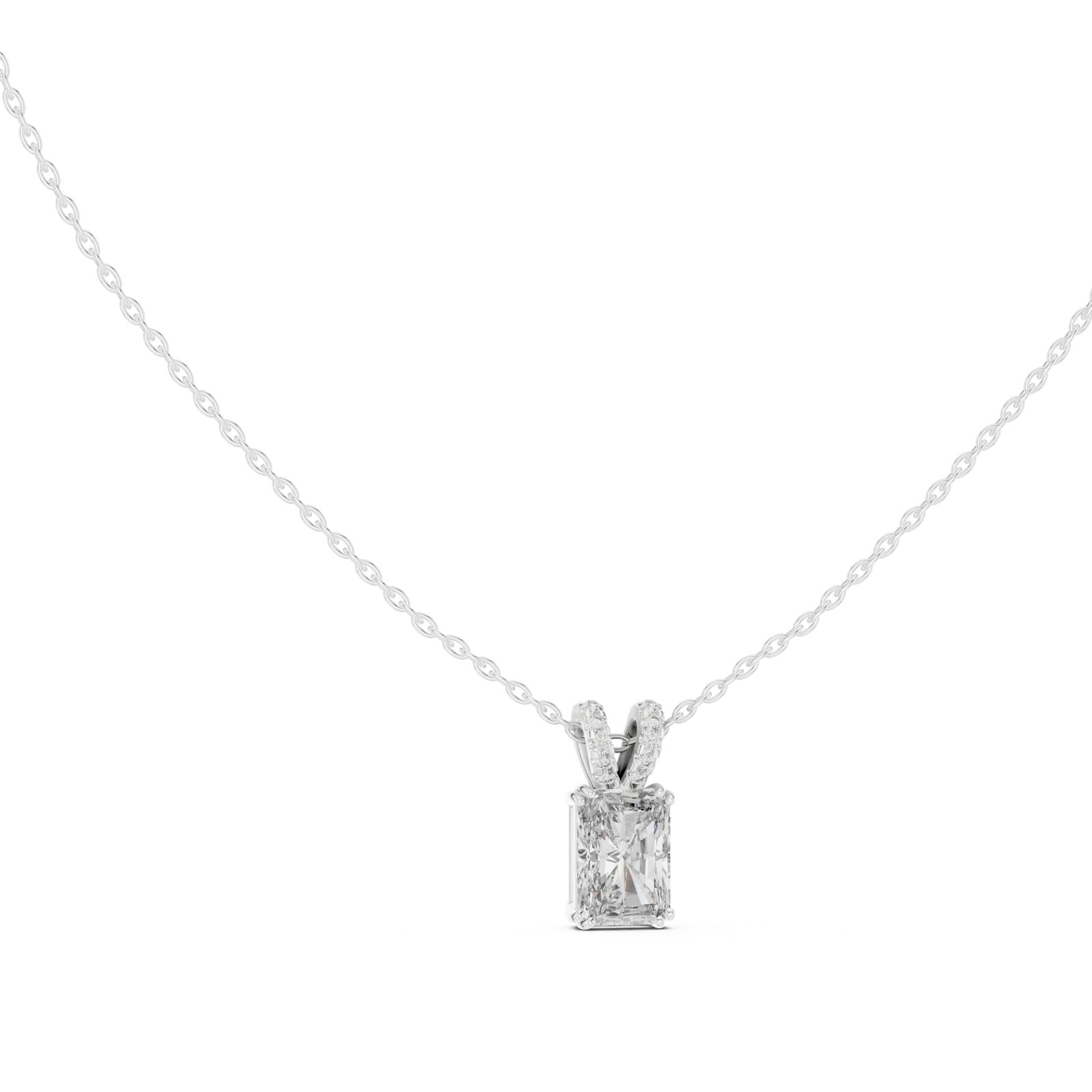 Alizeh Radiant Cut Diamond Solitaire Pendant with Pave Bail in white gold