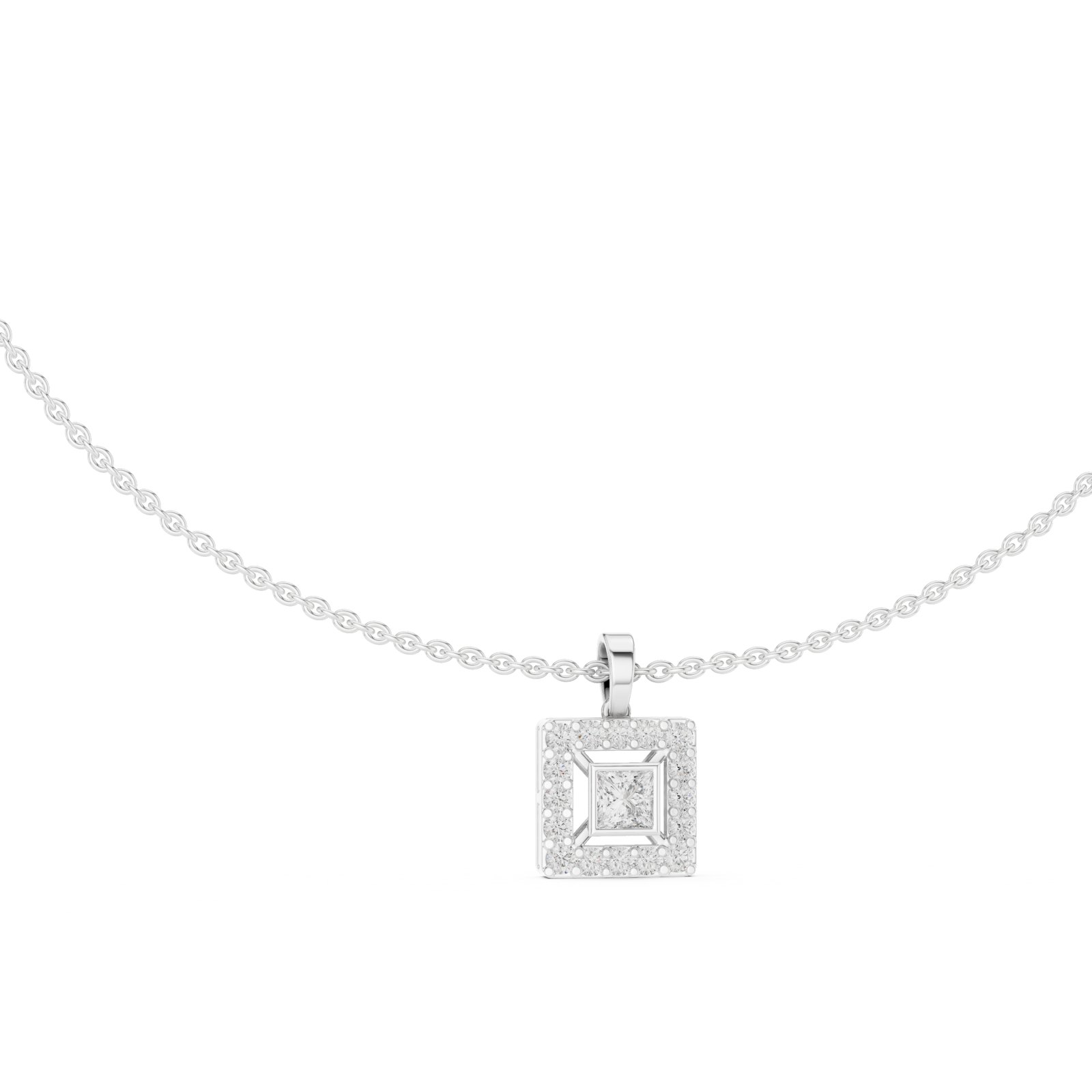 Nour Princess Cut Diamond Square Halo Pendant in white gold