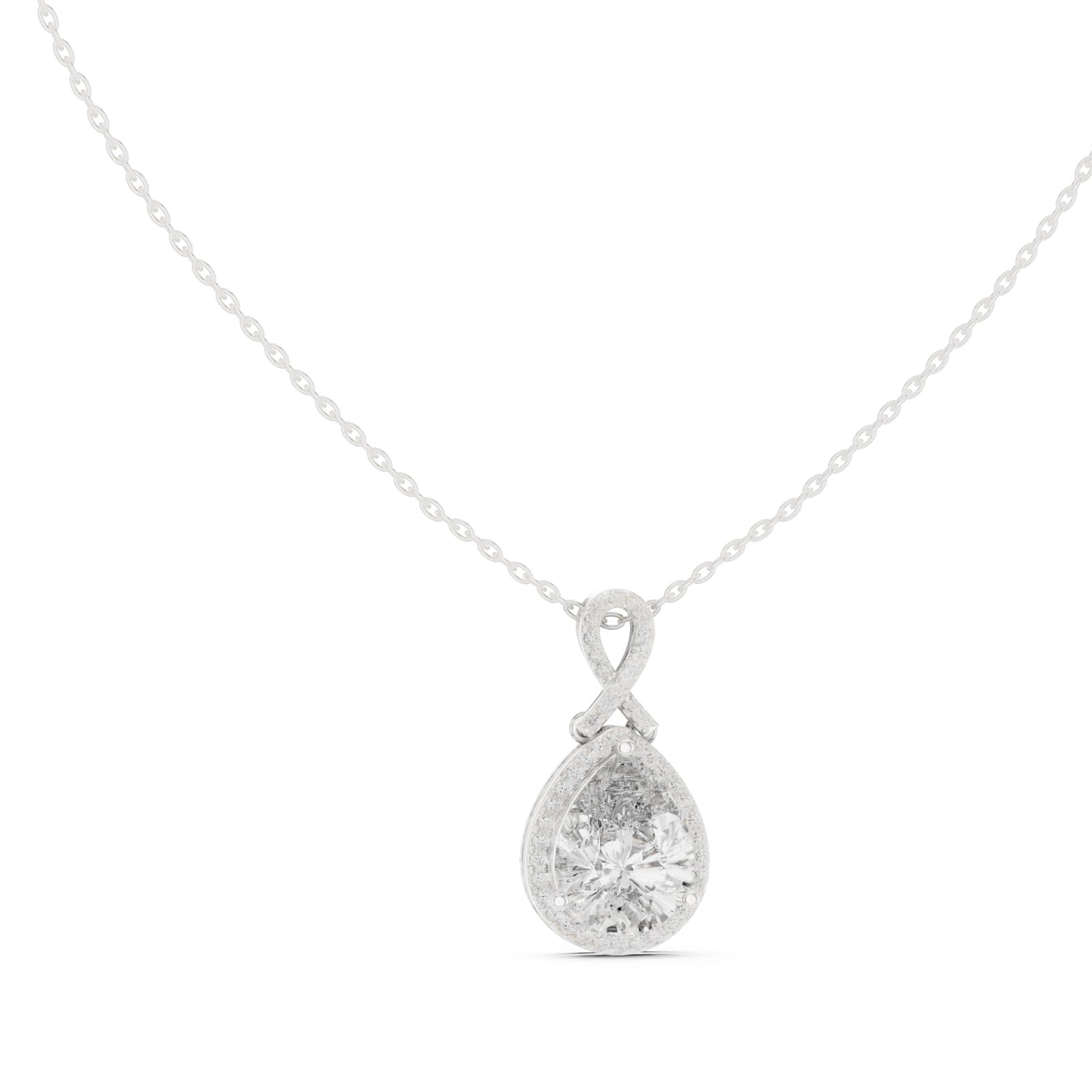 Lucero Pear Halo Twist Bail Pendant in white gold