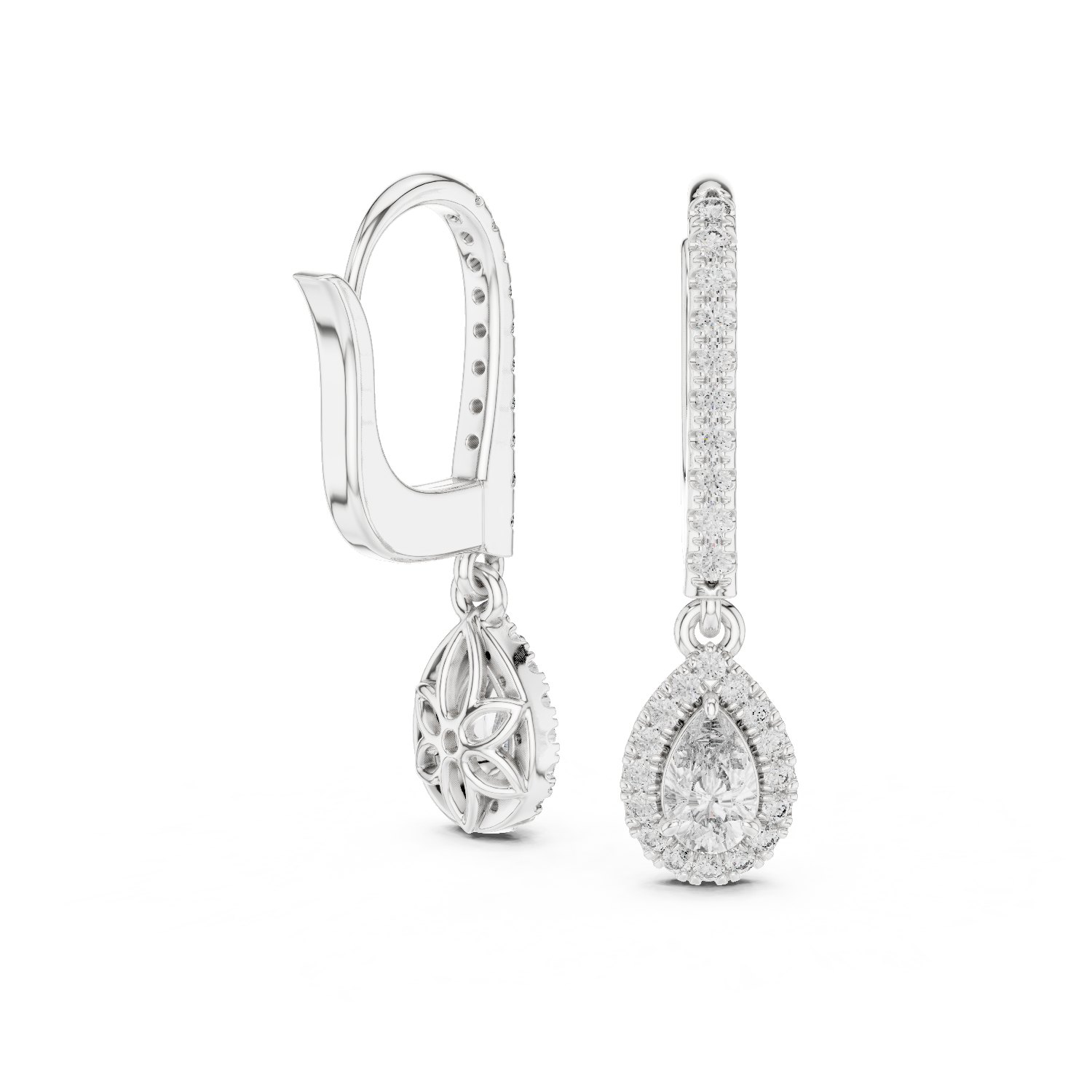 Laure Pear Halo Leverback Drop Earrings in white gold