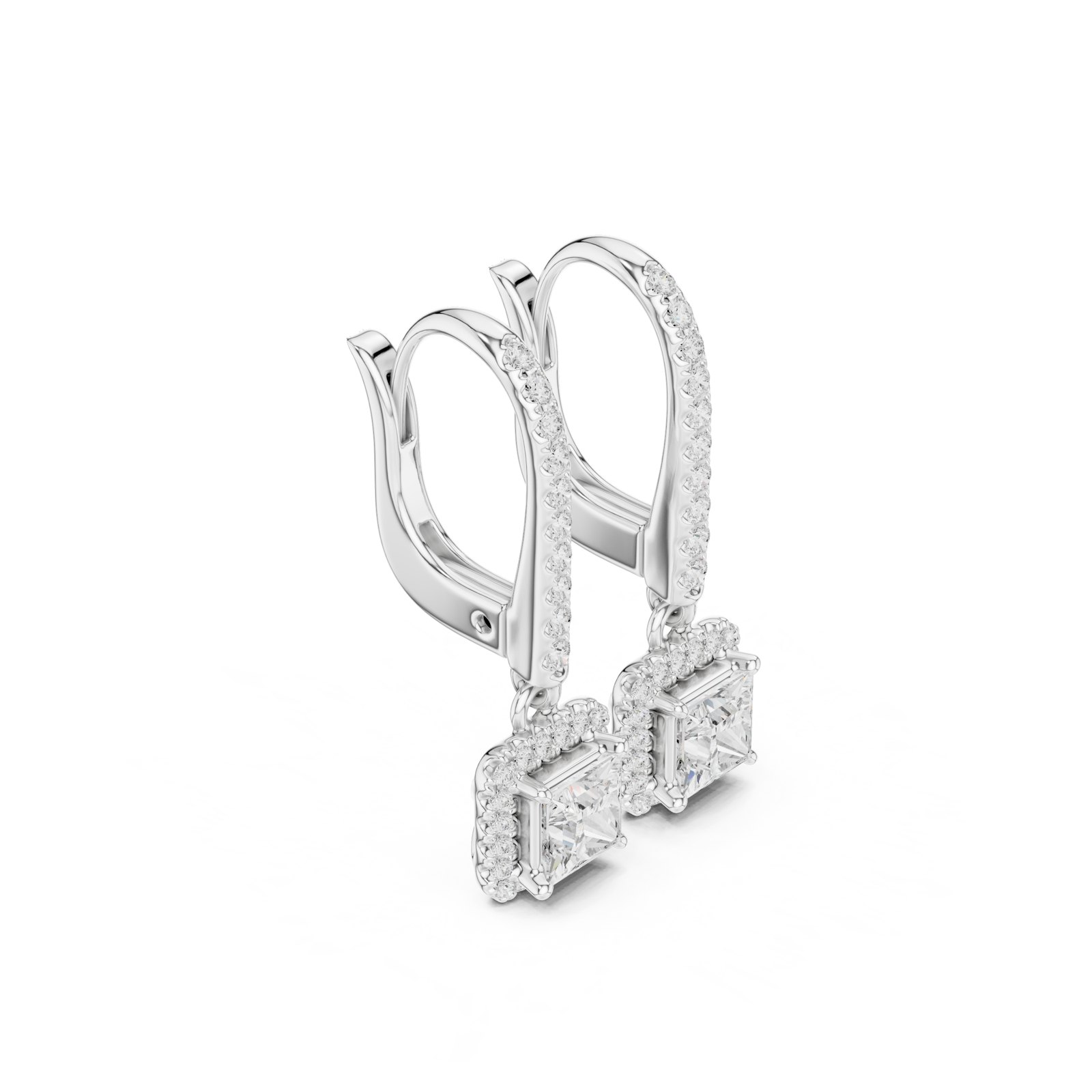 Alondra Princess Cut Halo Leverback Drop Earrings in white gold