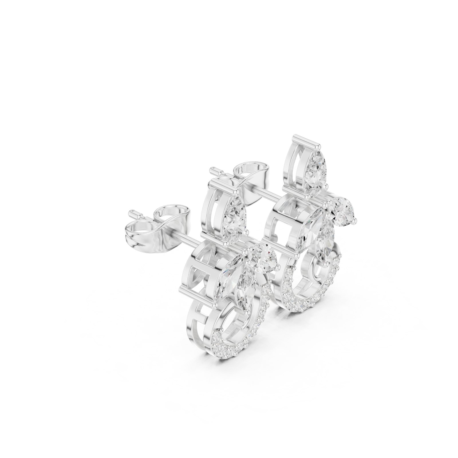 Genziana Marquise Leaf Cluster Pavé Stud Earrings in white gold