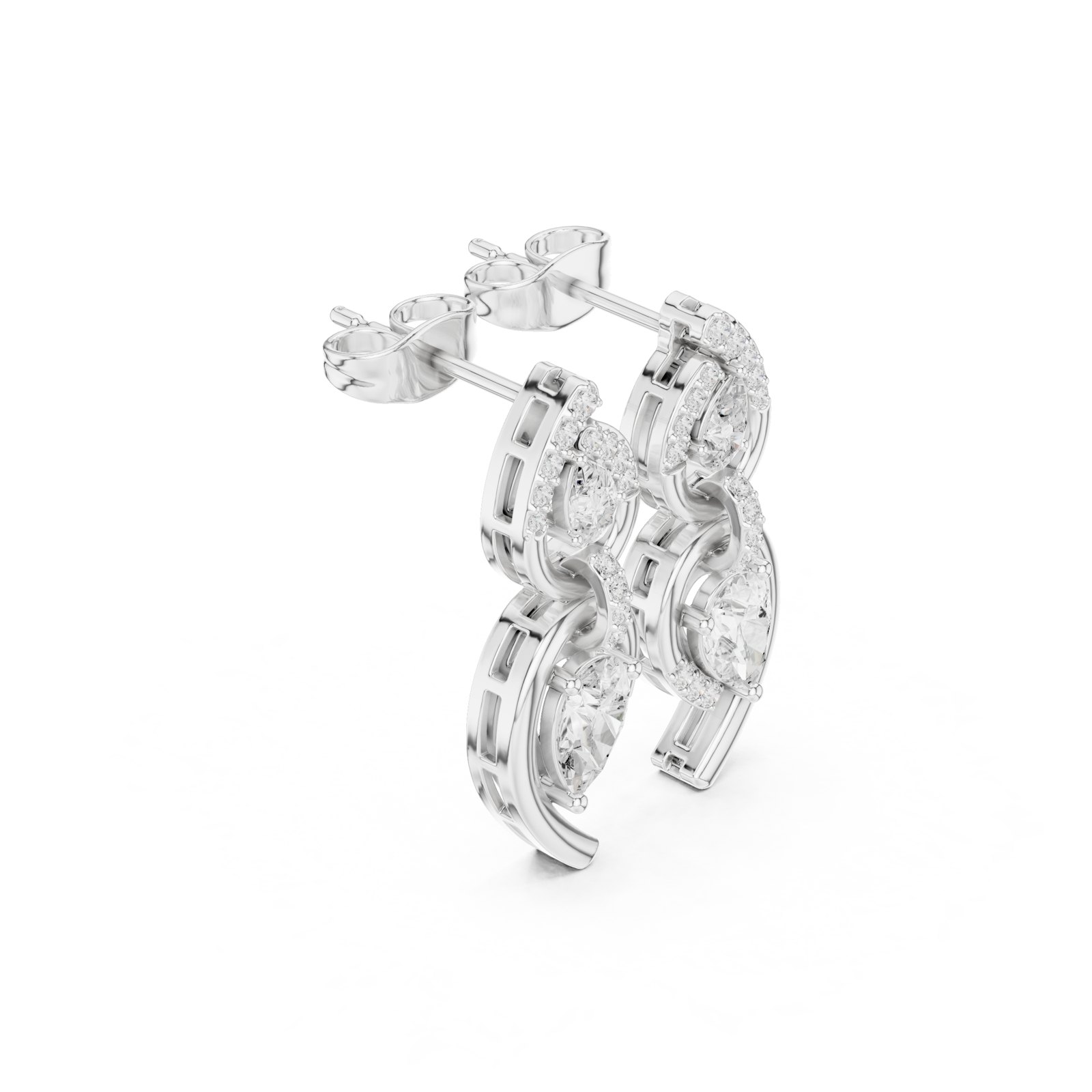 Ahana Curved Pear Halo Link Diamond Drop Earrings in white gold