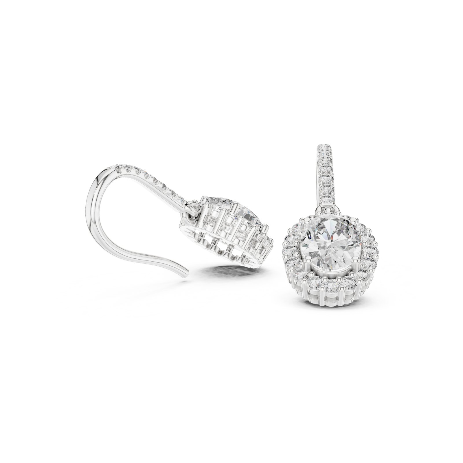 Delphira Oval Halo Pavé Hook Drop Earrings in white gold