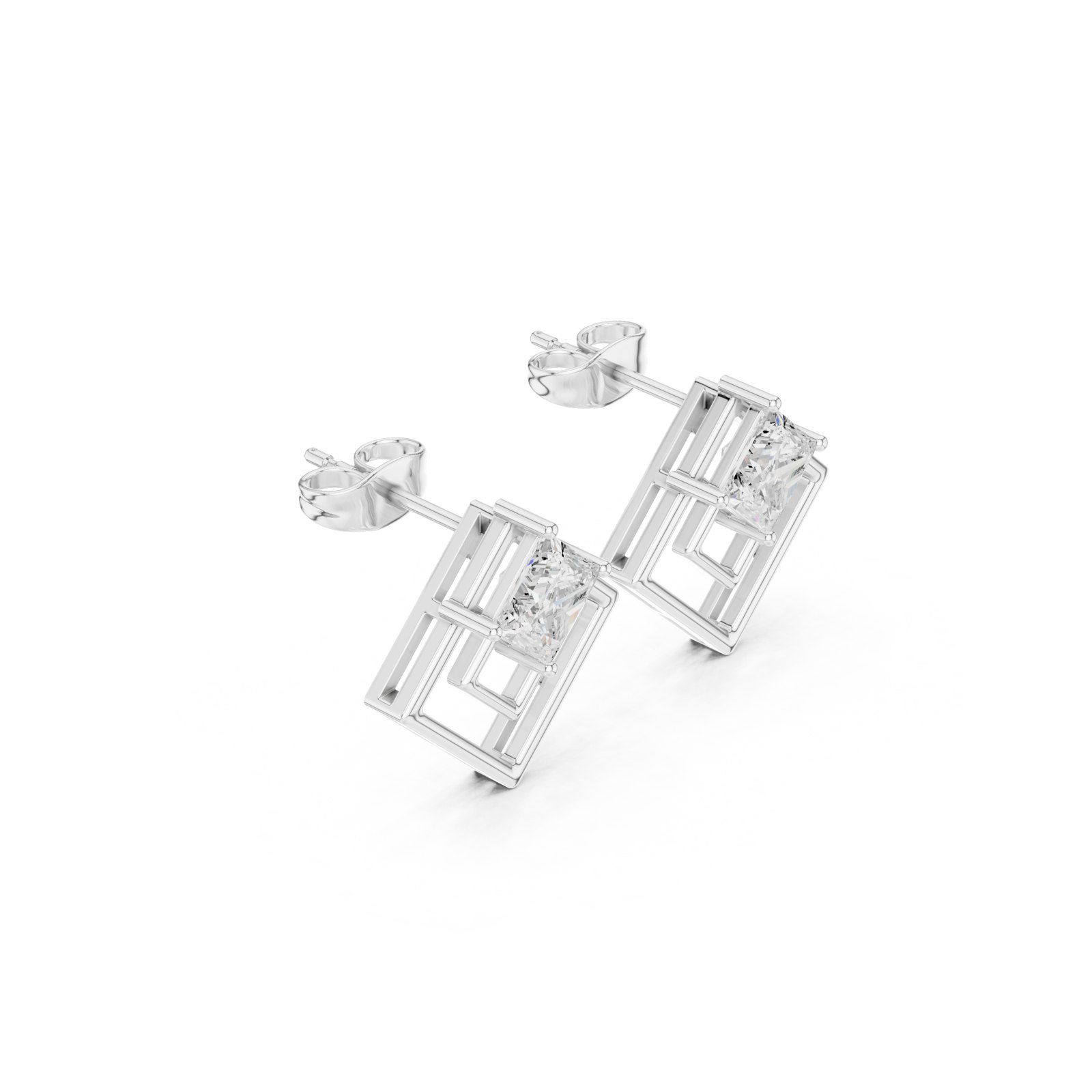 Claire Geometric Frame Princess Cut Diamond Stud Earrings in white gold