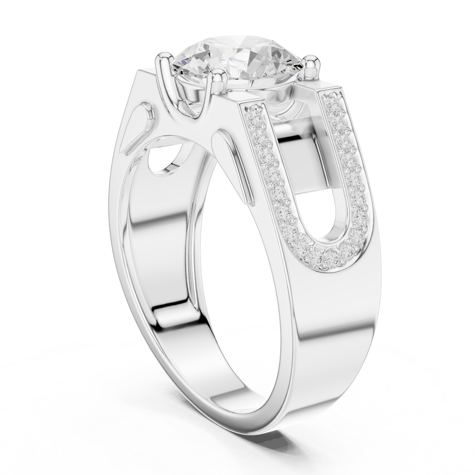 Stefan Men's Round Solitaire Ring with Pavé Horseshoe in white gold