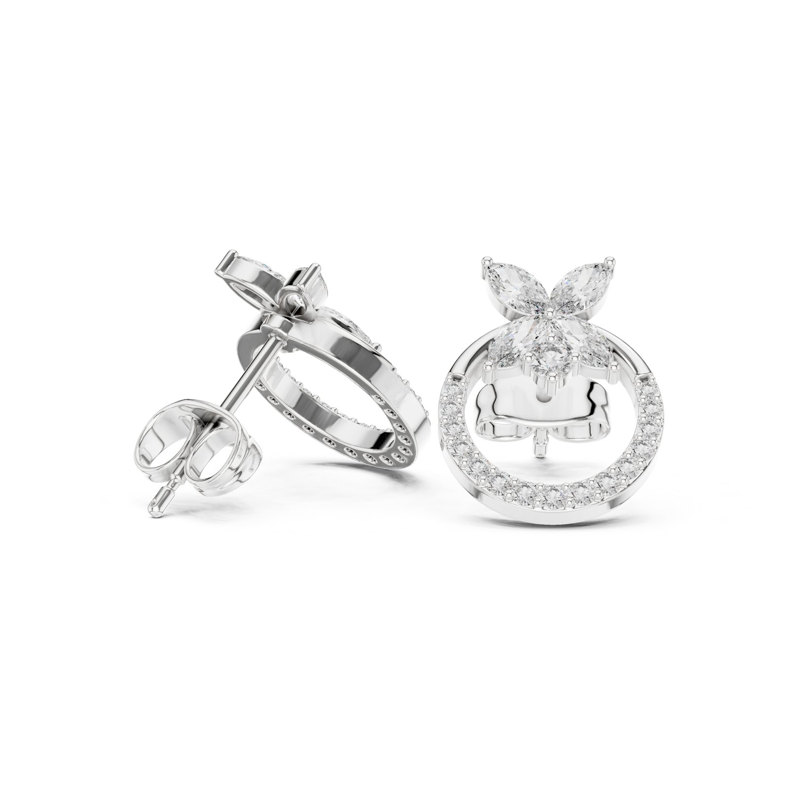 Cailin Open Circle Marquise Flower Diamond Stud Earrings in white gold