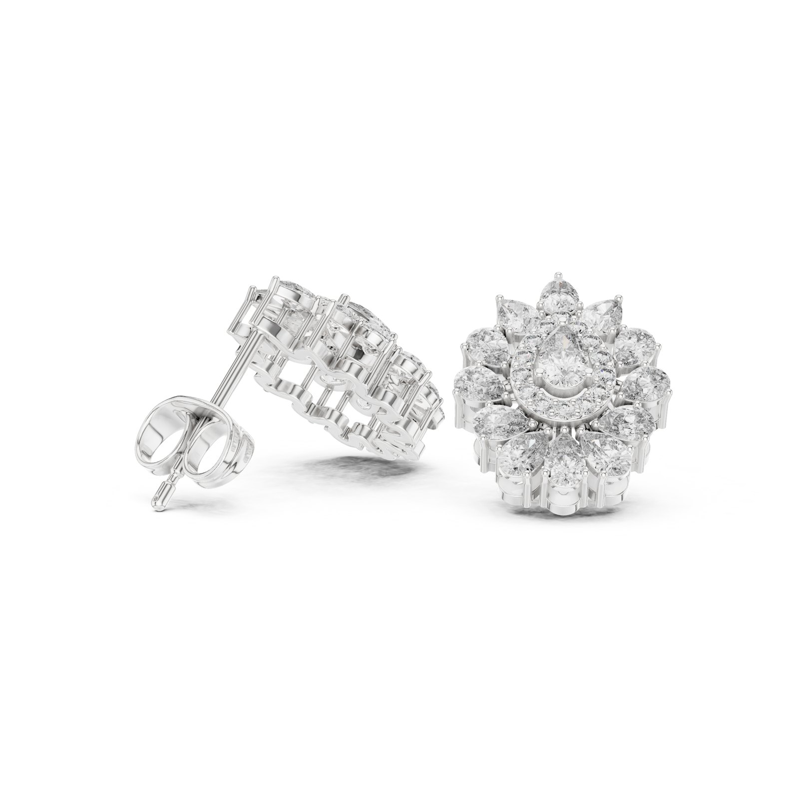 Clemency Pear Halo Blossom Stud Earrings in white gold