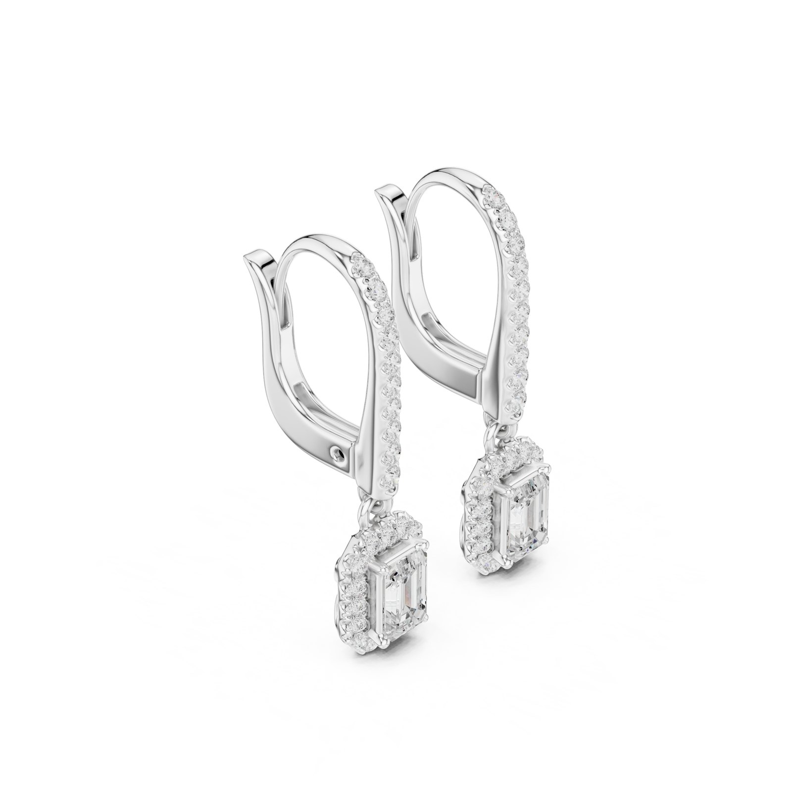 Alondra Emerald Cut Halo Leverback Drop Earrings in white gold