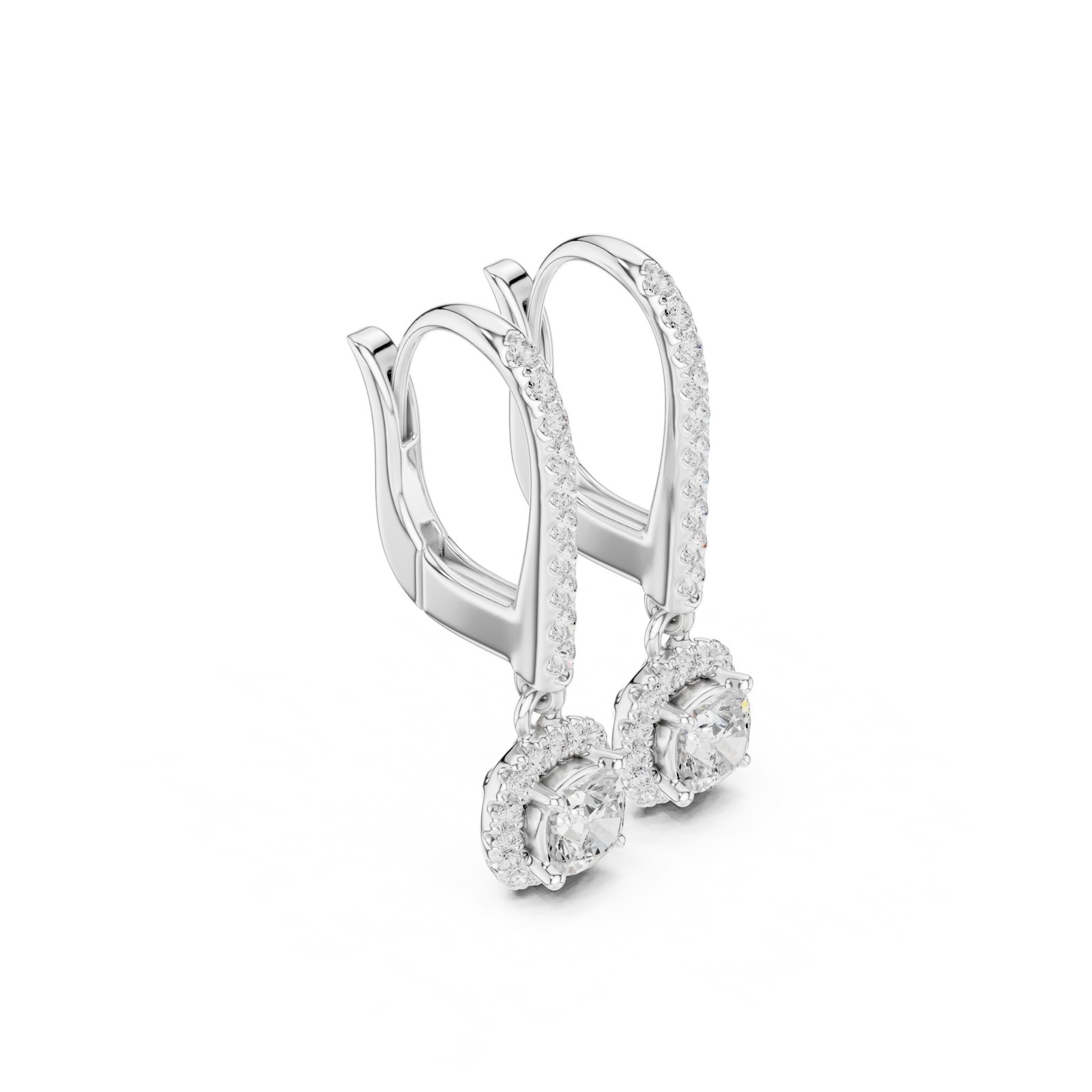 Alondra Cushion Cut Halo Leverback Drop Earrings in white gold