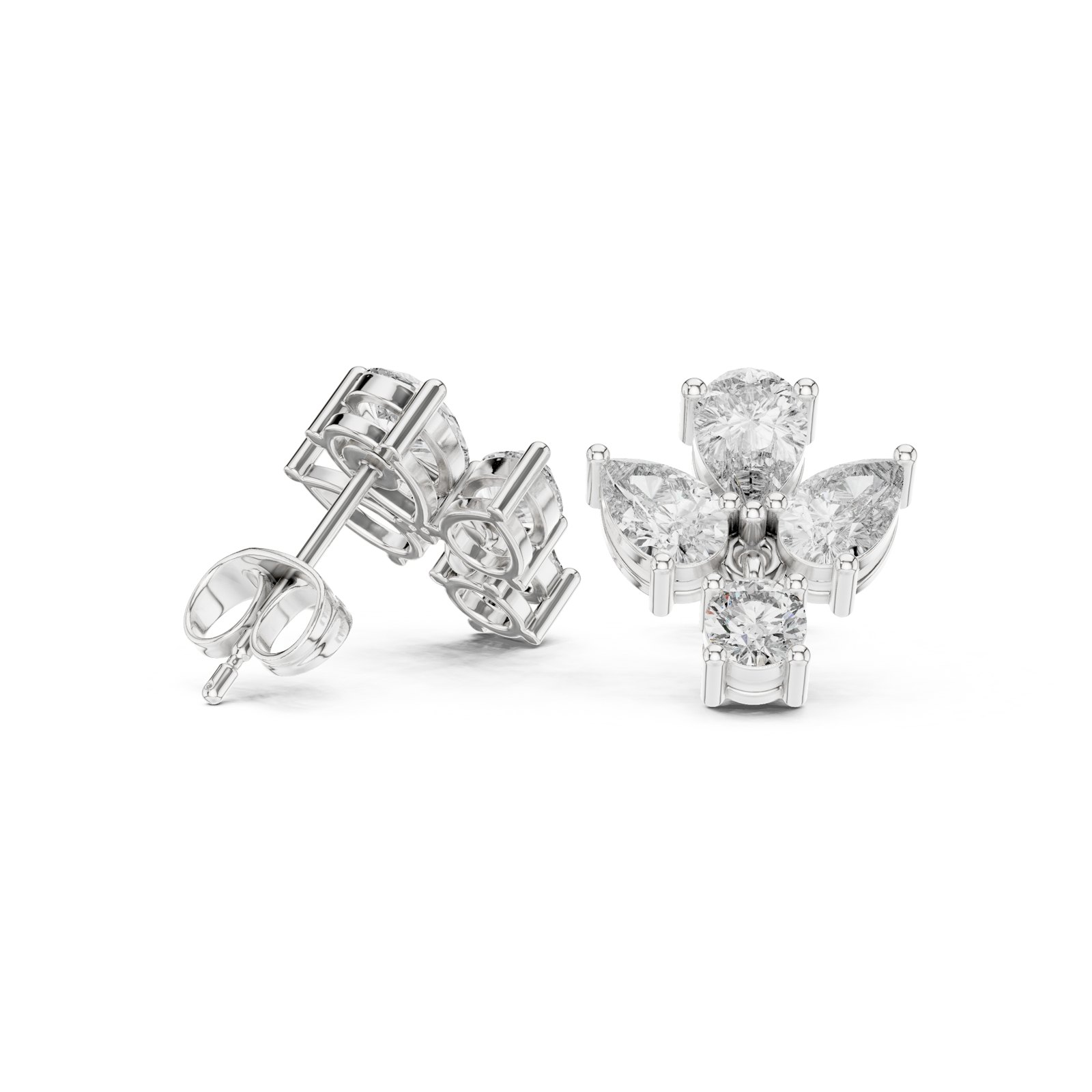 Anielle Pear Trefoil Diamond Cluster Stud Earrings in white gold