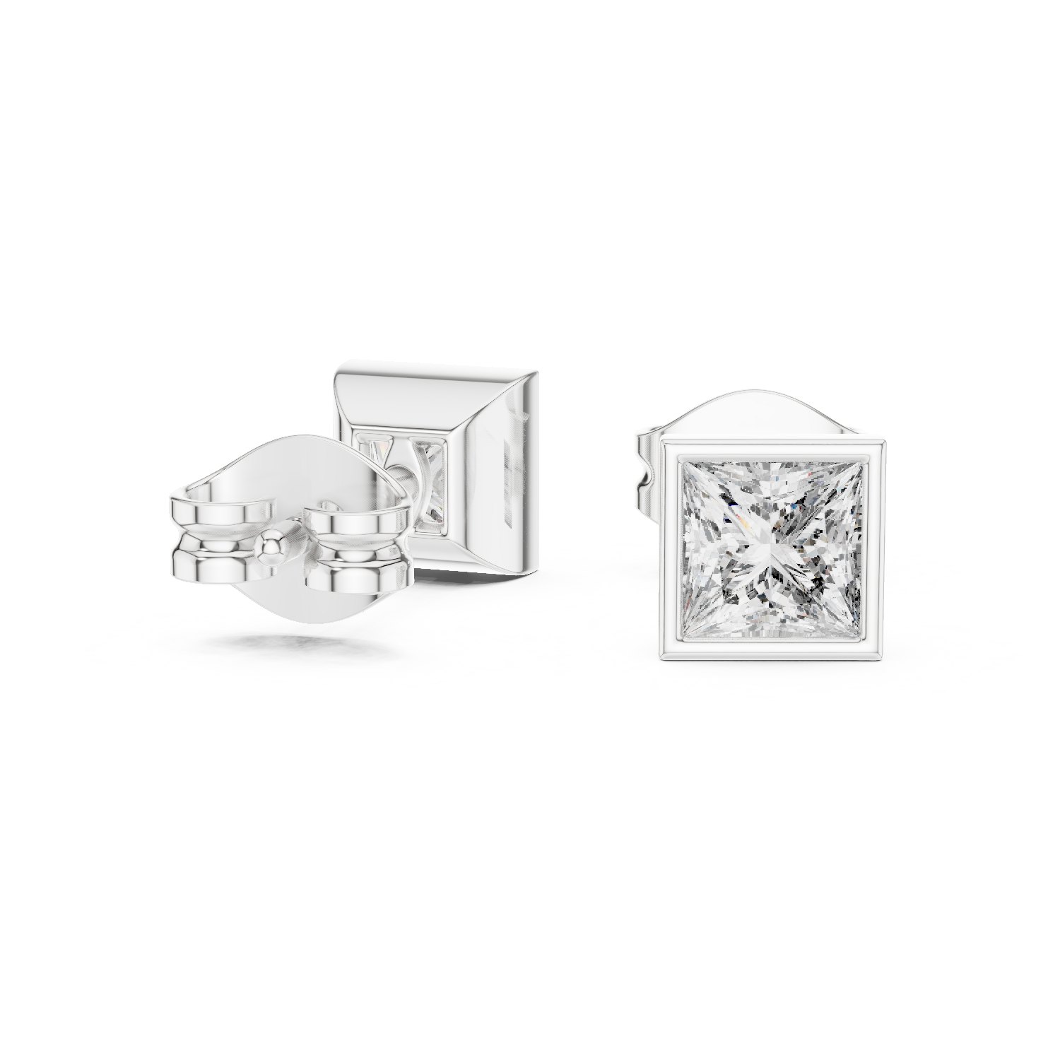 Nitya Princess Cut Bezel Solitaire Stud Earrings in white gold