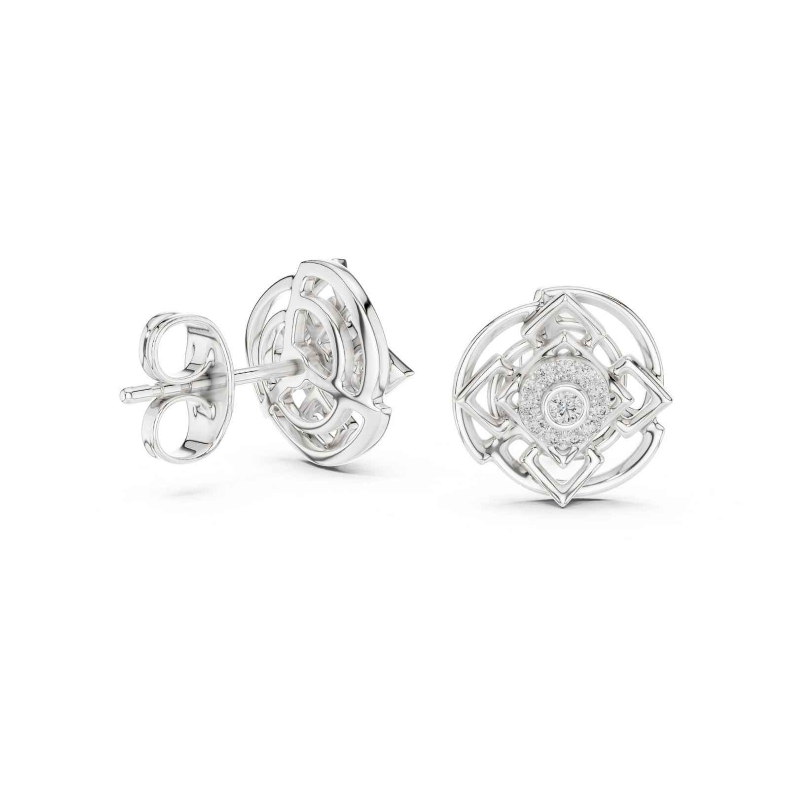 Annick Geometric Halo Diamond Stud Earrings in white gold