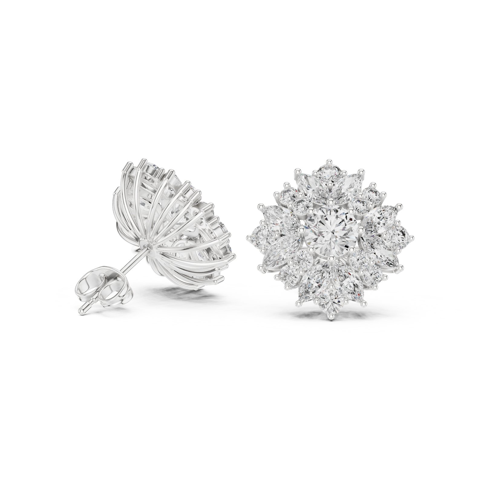 Catherina Round Diamond Marquise Flower Halo Stud Earrings in white gold