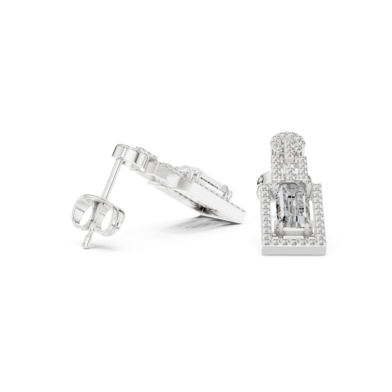 Gisella Art Deco Emerald Cut Halo Drop Earrings in white gold