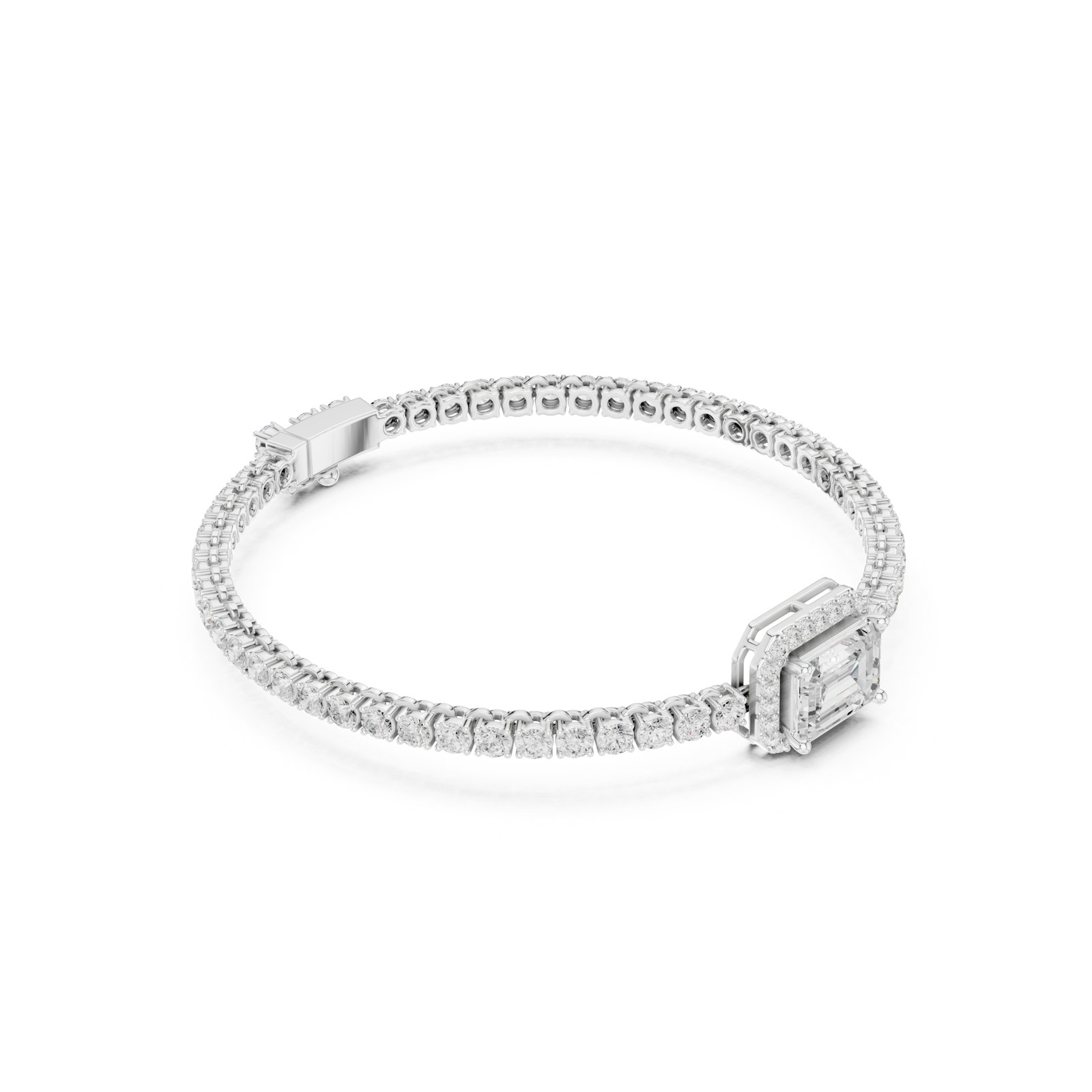 Audelia Emerald Cut Halo Centre Diamond Tennis Bracelet in white gold