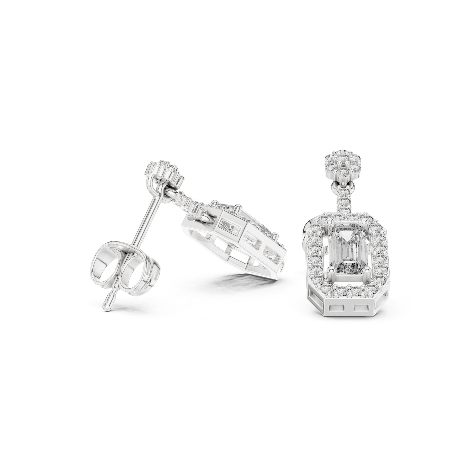 Elaria Emerald Cut Halo Drop Stud Earrings in white gold